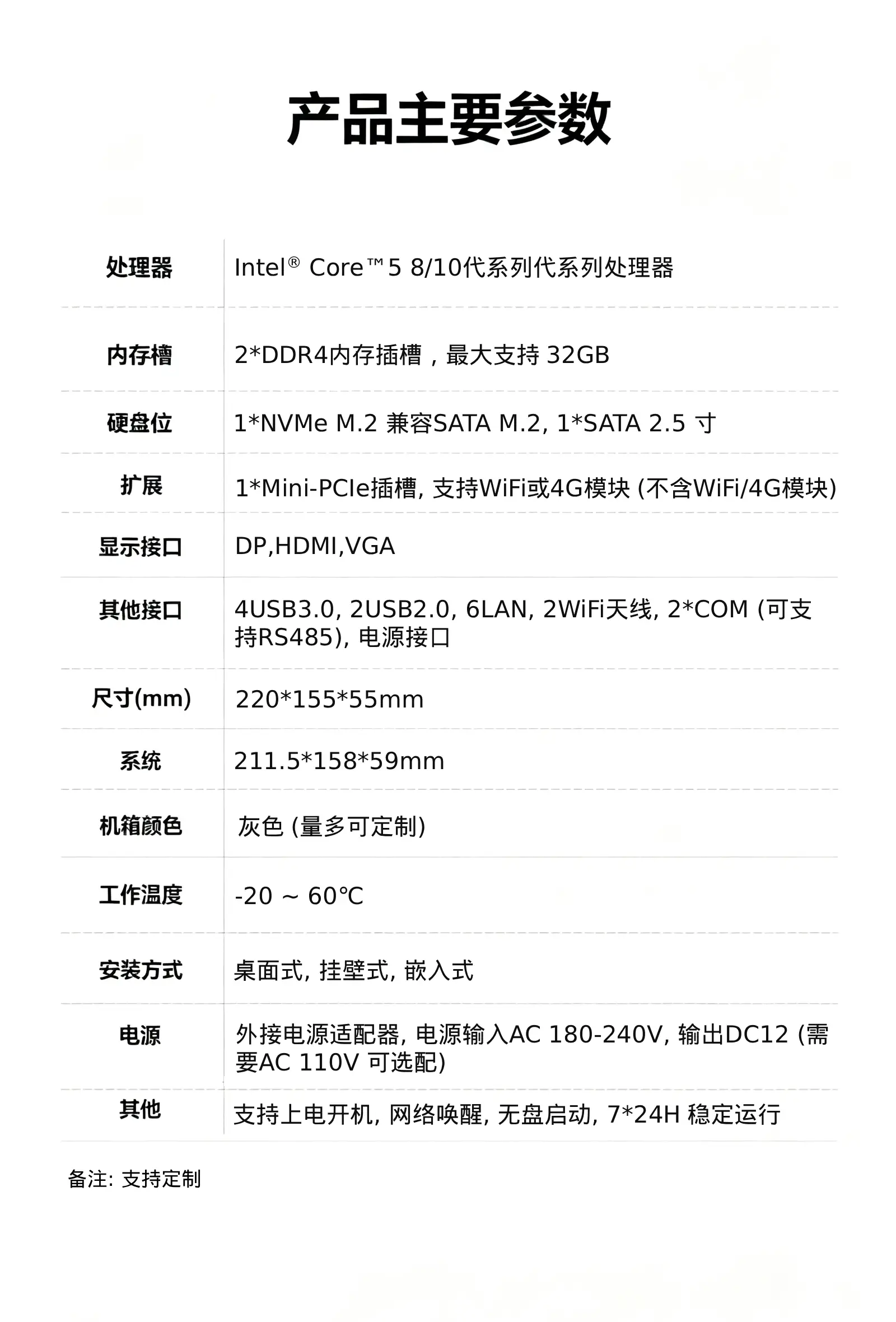 mix86 x86工控主机参数规格表,CPU/内存/存储/接口详细技术参数